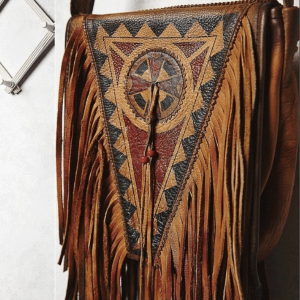 Kobler Leather hand painted w/ Fringe Crossbody/ Messenger Bag UNISEX! - Picture 7 of 12